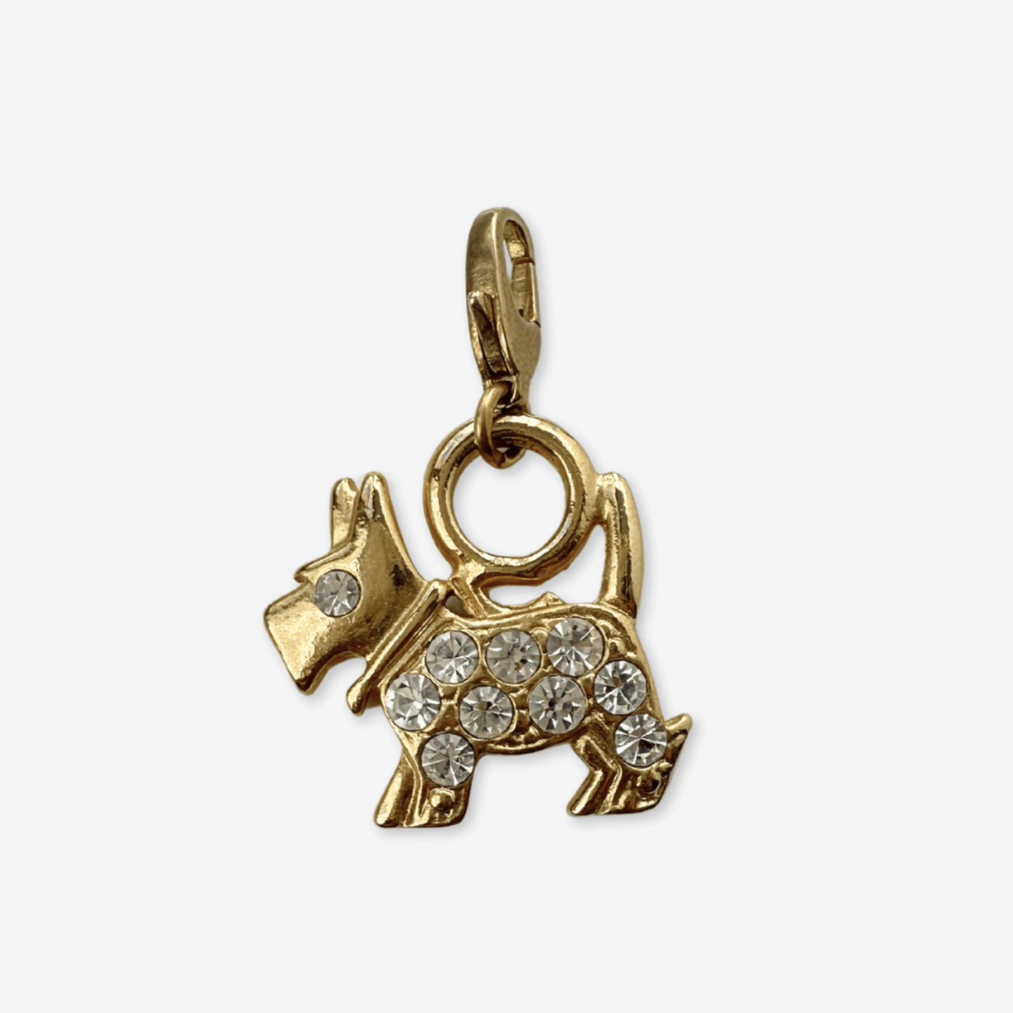 Vintage gold plated scottie dog charm with clear rhinestones and raw brass clasp