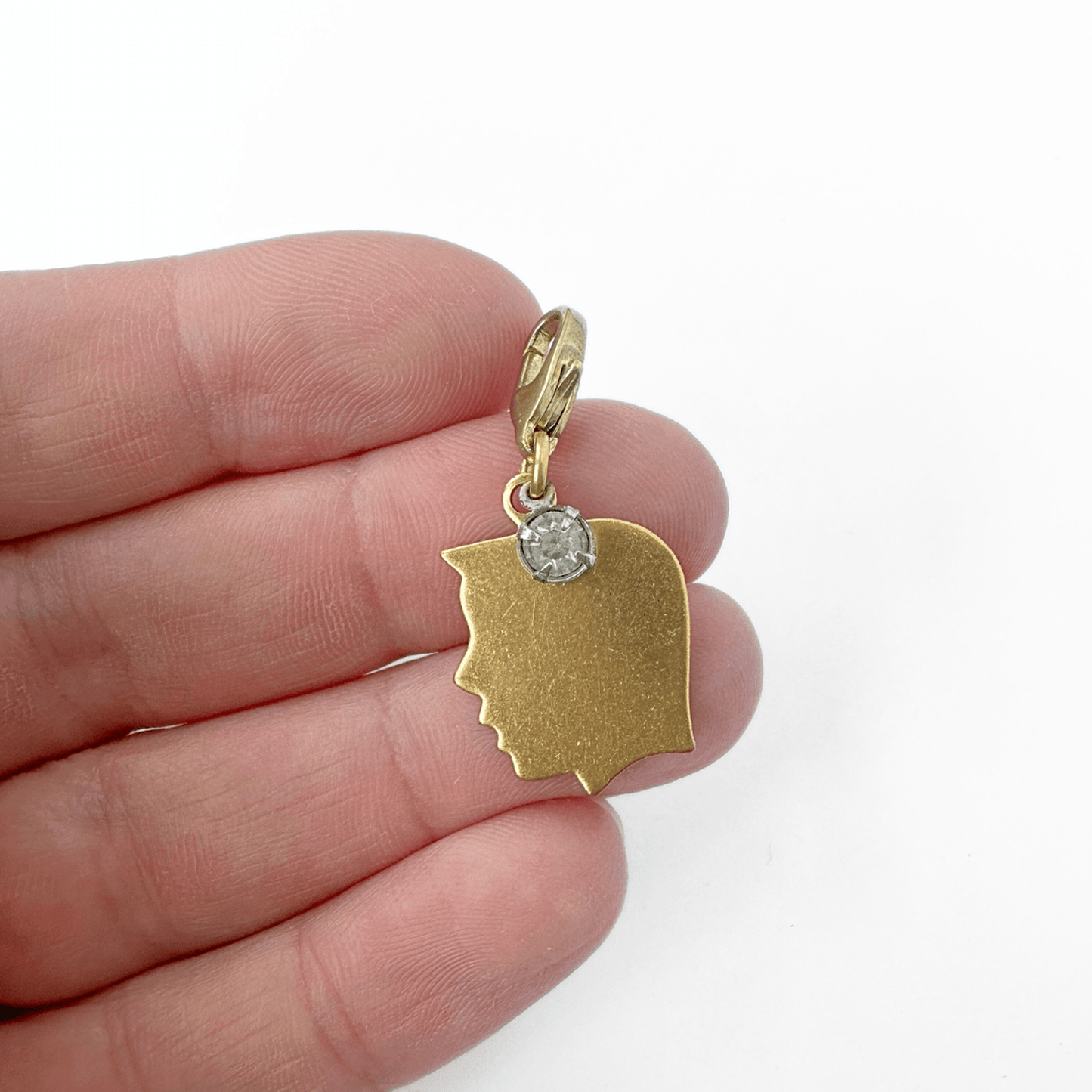 Brass boy silhouette charm with vintage clear rhinestone and lobster claw clasp