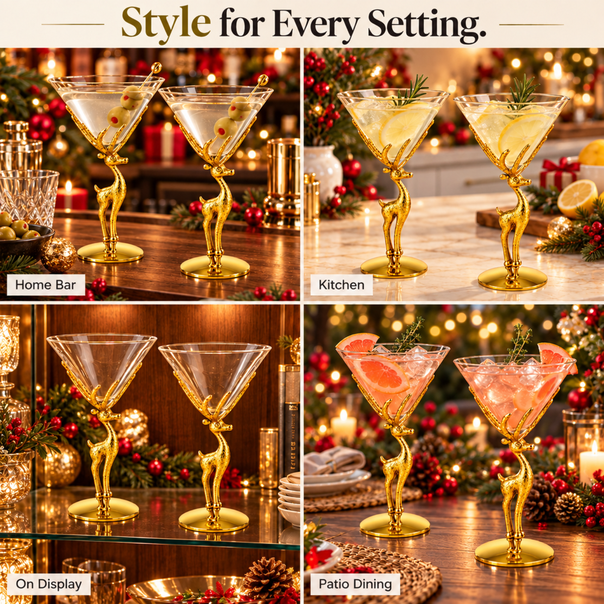 
                  
                    Golden Standing Stag Martini Glasses, Set of 2 - Curated Home Decor
                  
                