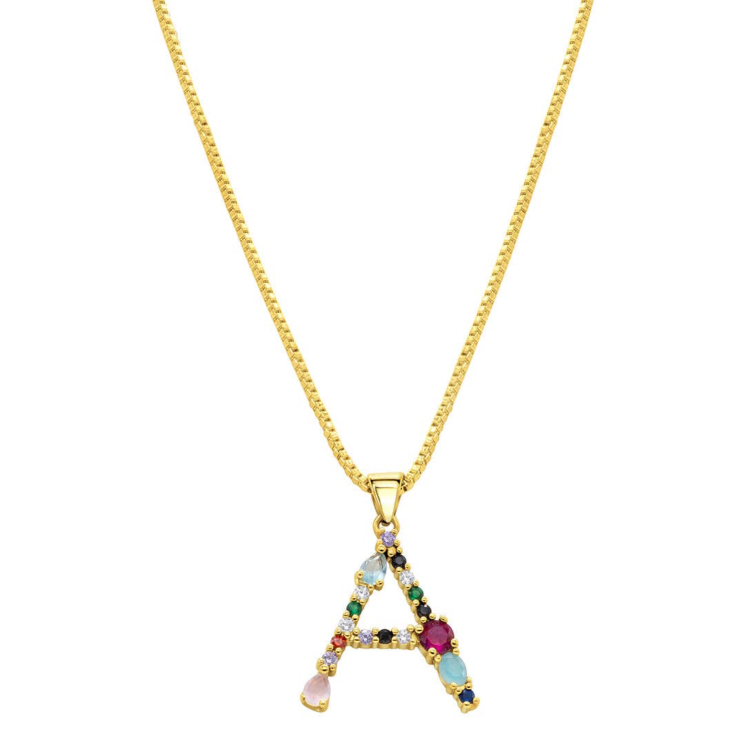 14K Gold Plated Multi Color Stone Initial Necklace - Curated Home Decor