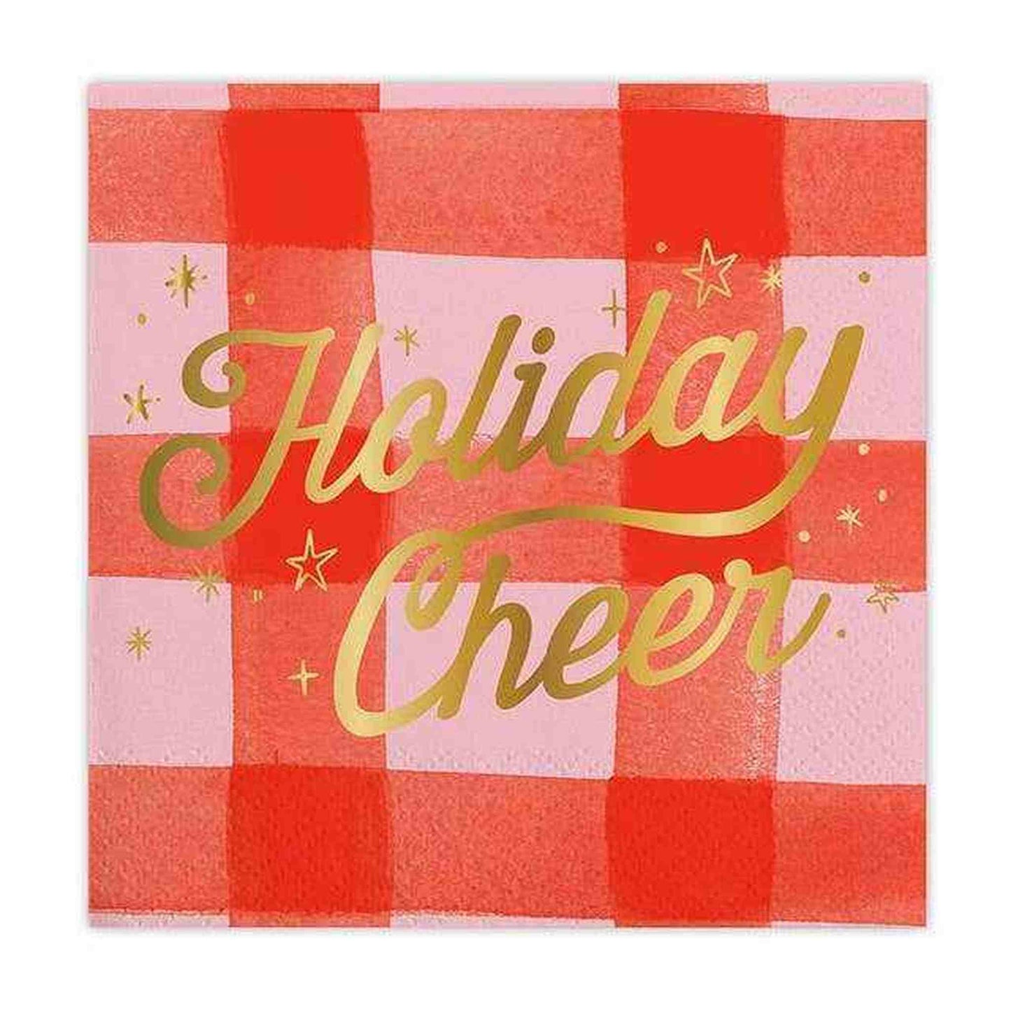 Holiday Cheer Foil red and pink checkered paper beverage napkins with gold foil text