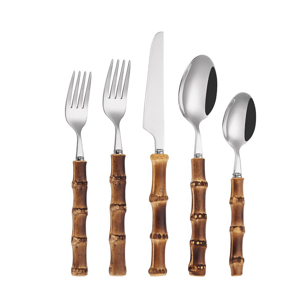 Bamboo Handle Flatware Set — 20 Piece, Stainless Steel - Curated Home Decor