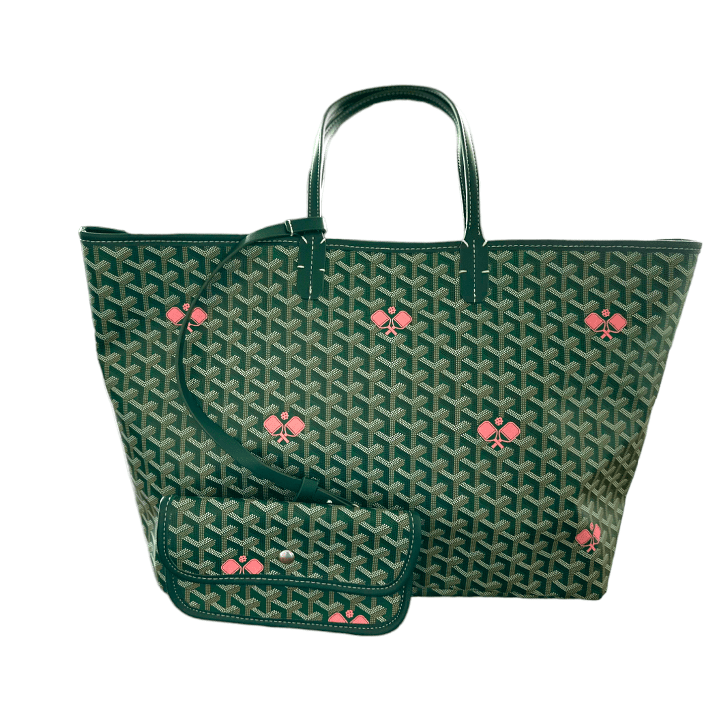 
                  
                    Green pickleball tote with pink paddle print and detachable pouch, durable hemp canvas design
                  
                