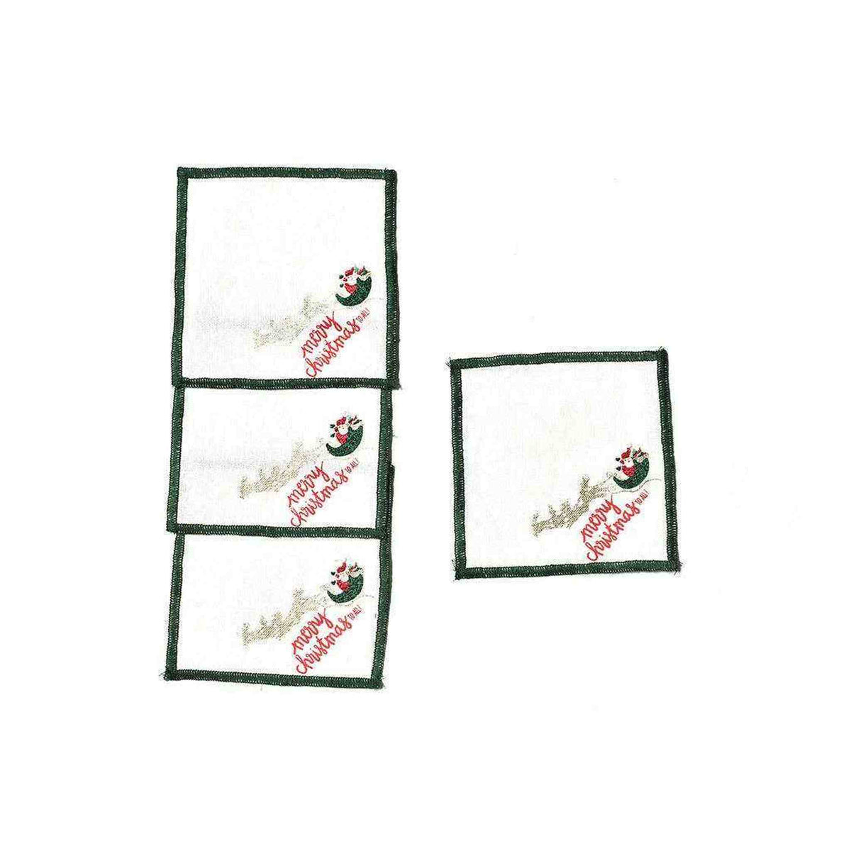 
                  
                    Set of 4 Flying Santa Cocktail Napkins with green border and festive design, 5x5 inches
                  
                