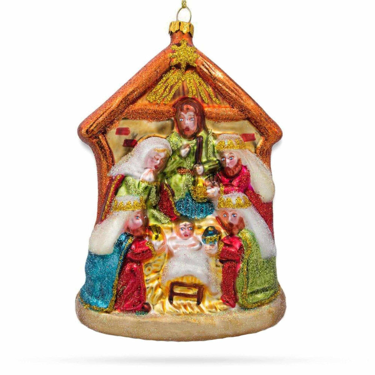 
                  
                    Magnificent large hand-painted glass nativity scene Christmas ornament with vibrant colors and hanging cord
                  
                