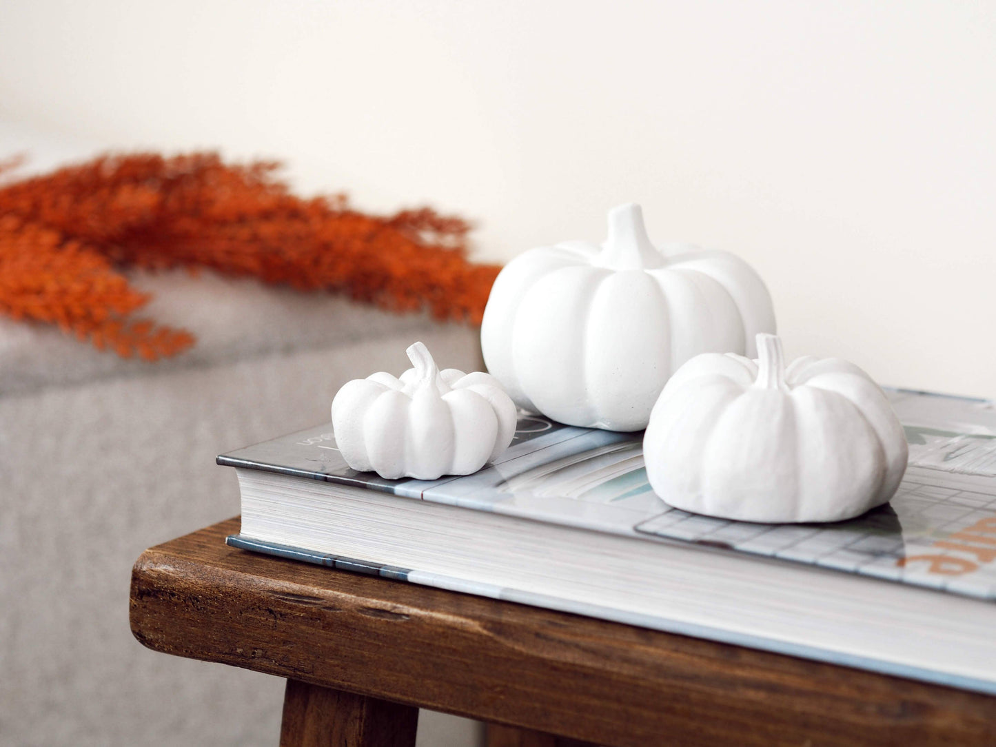 Concrete Pumpkin Decoration, neutral autumn decor: White / Lrg/Med/Sml Set - Curated Home Decor