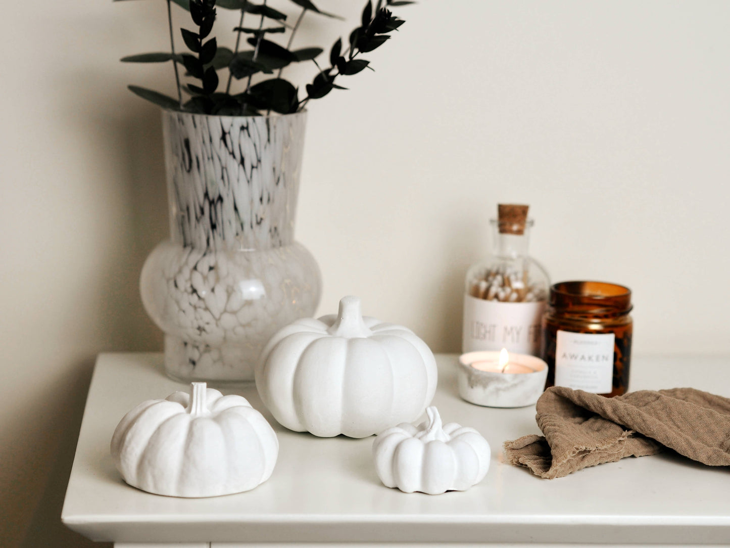 Concrete Pumpkin Decoration, neutral autumn decor: White / Lrg/Med/Sml Set - Curated Home Decor