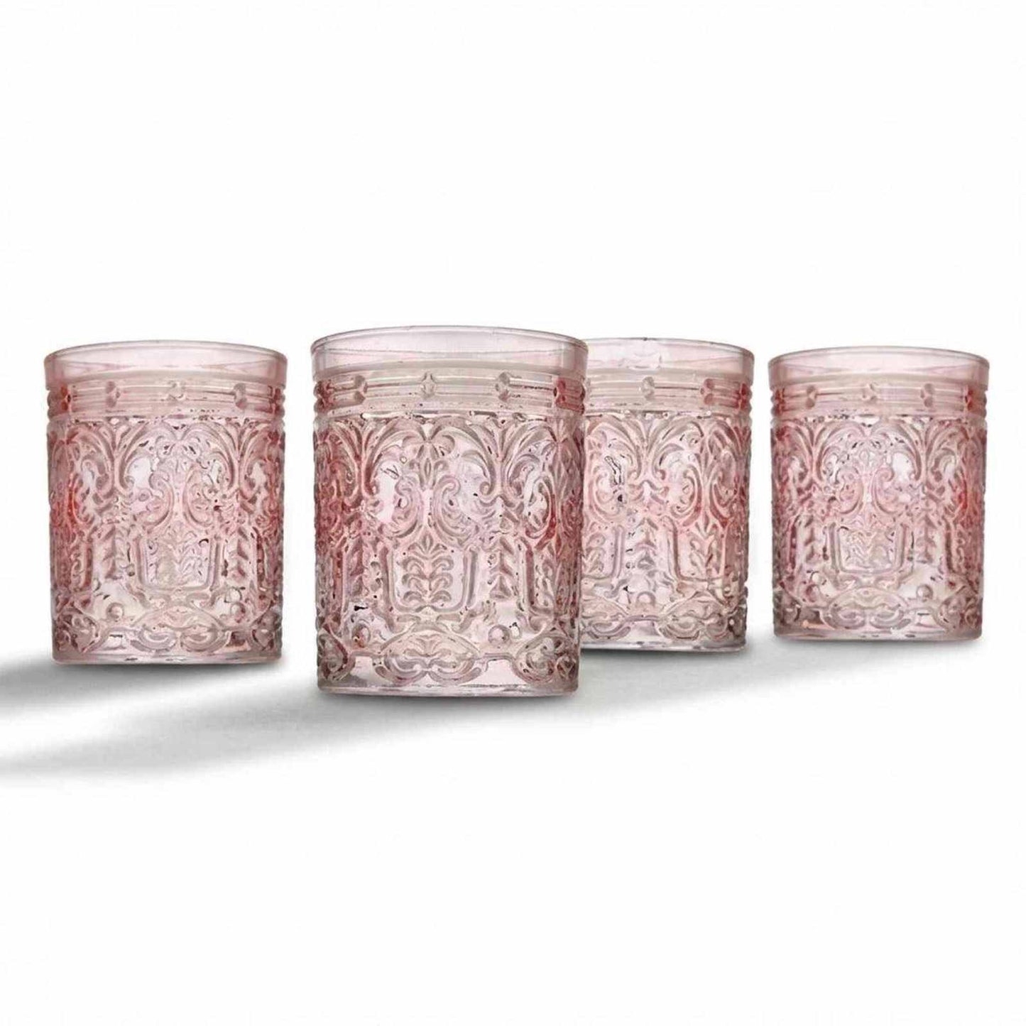 Pink vintage style embossed glass tumbler in unleaded crystal color, 11 oz, sold individually