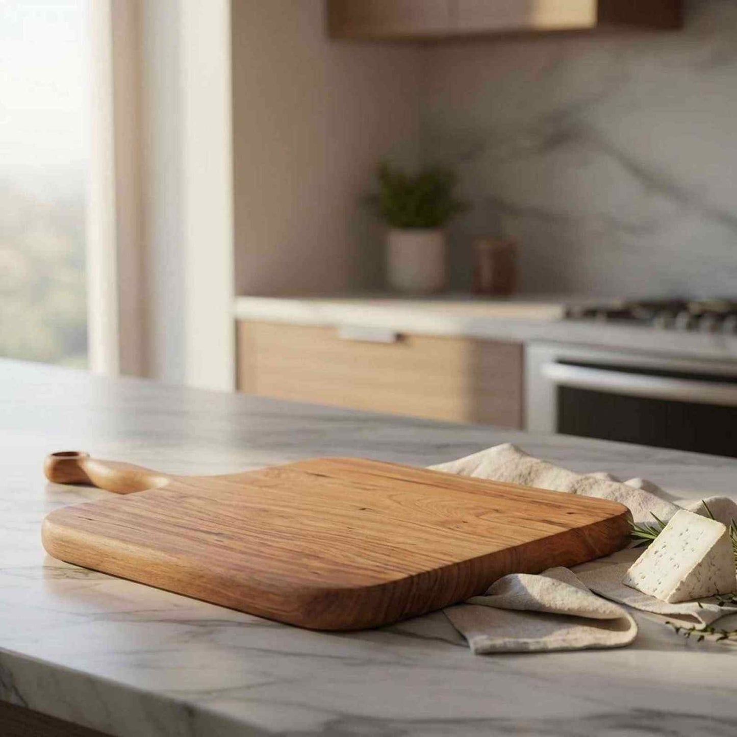 Acacia wood cheese cutting board with handle and elegant woodgrain finish