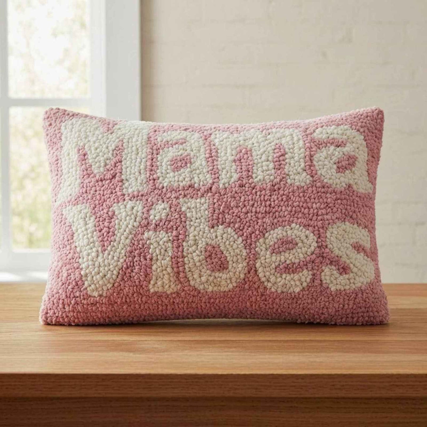 Mama Vibes Hook Pillow with 100% wool front and polyester velvet back, 8x12 inches, cozy gift for moms
