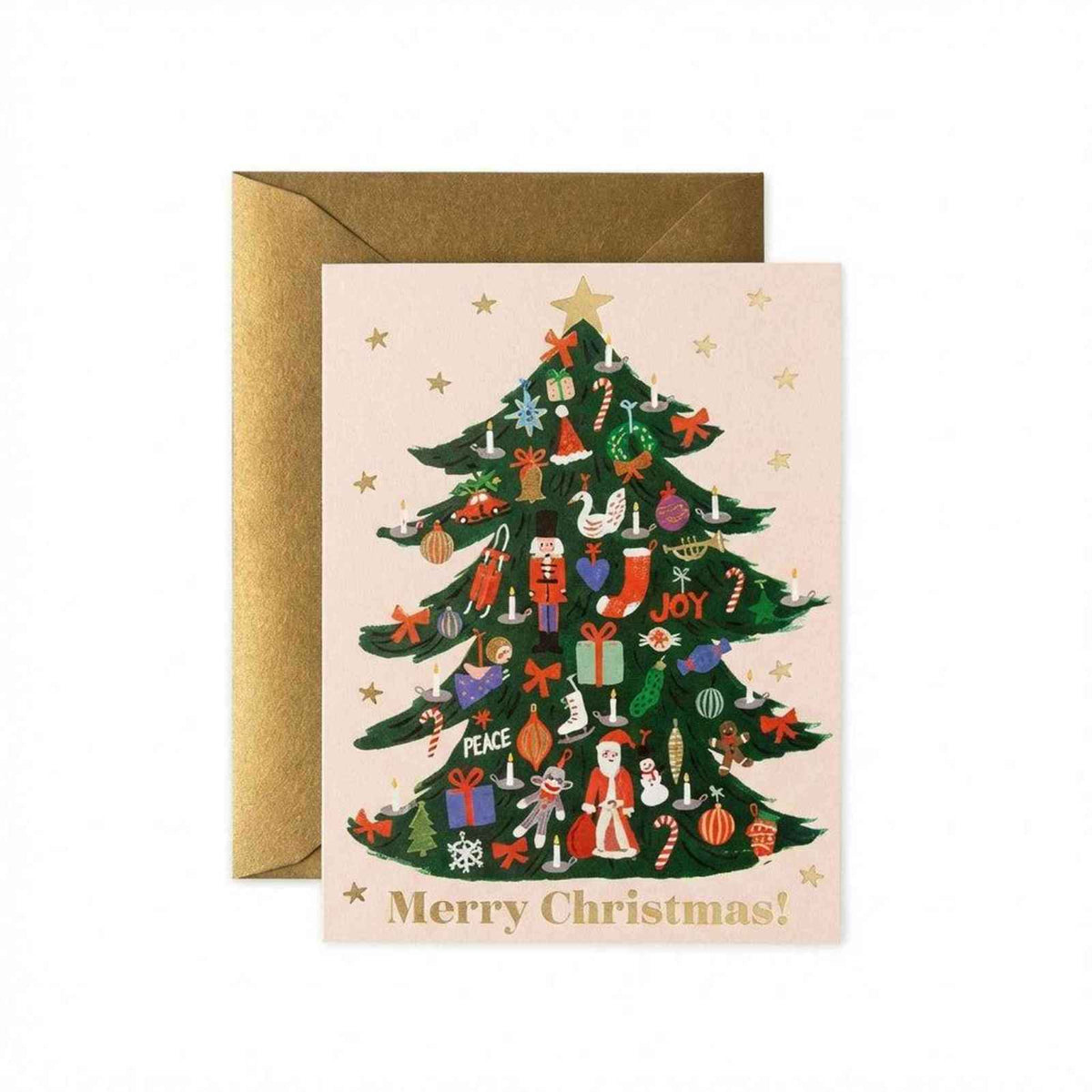 Festive Trimmed Tree Card with metallic gold foil on natural white paper and blank interior for handwritten notes