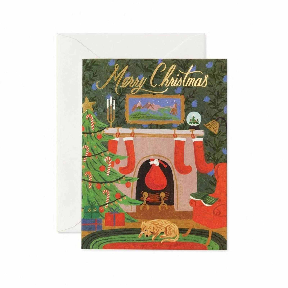 Christmas Eve Scene Card with metallic gold foil and blank interior for handwritten holiday greetings