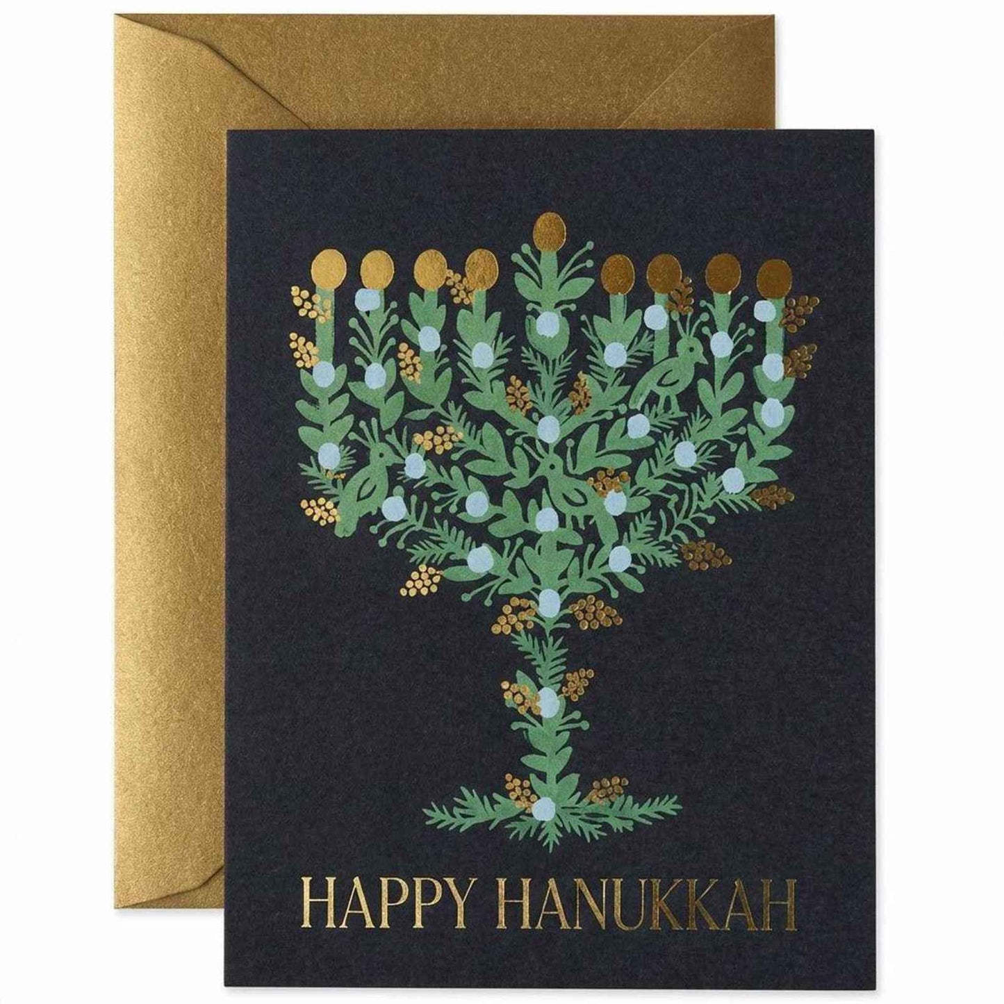 Festive Laurel Menorah card with metallic gold foil on natural white paper and blank interior for handwritten notes