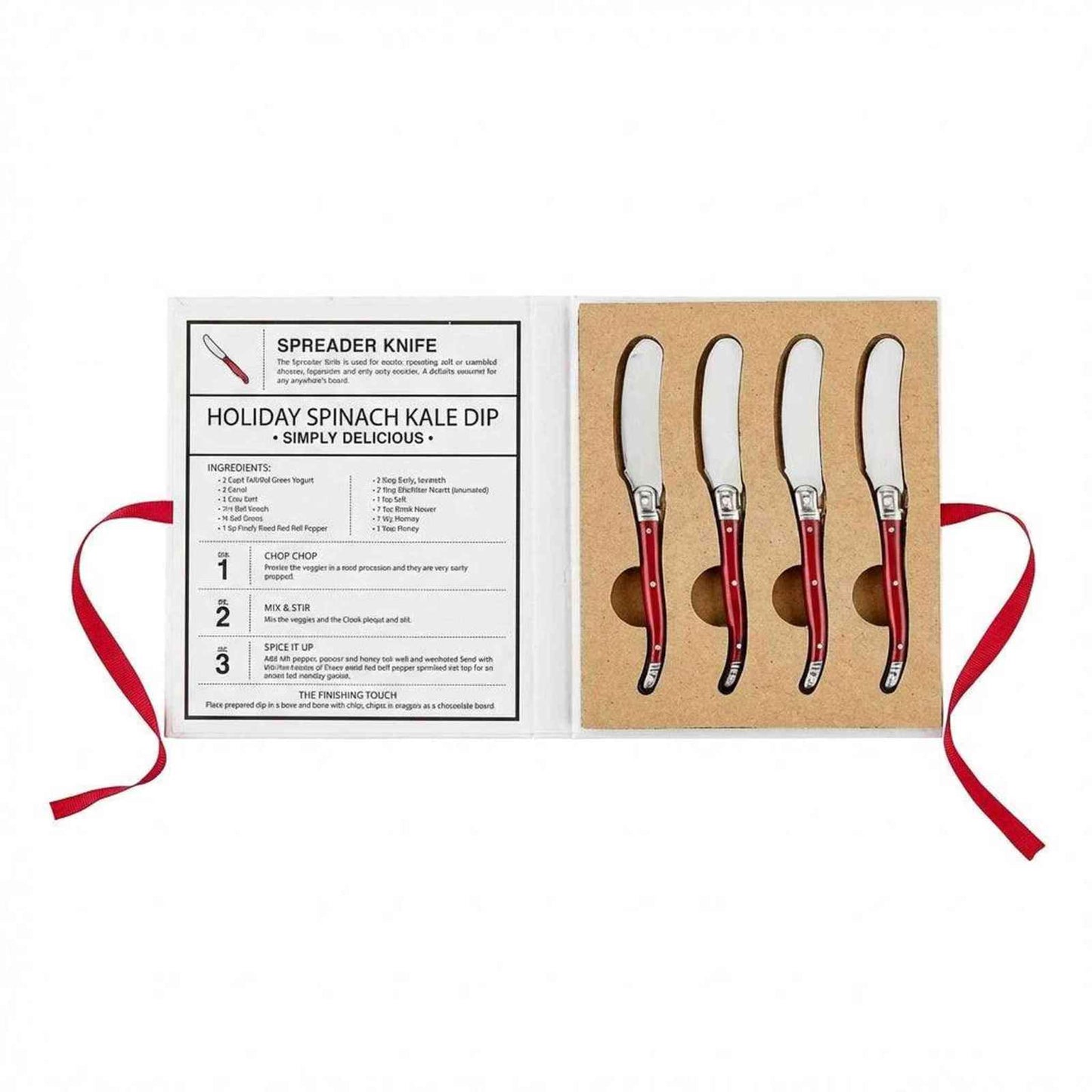 Red charcuterie spreaders in a stylish book box gift set with recipes