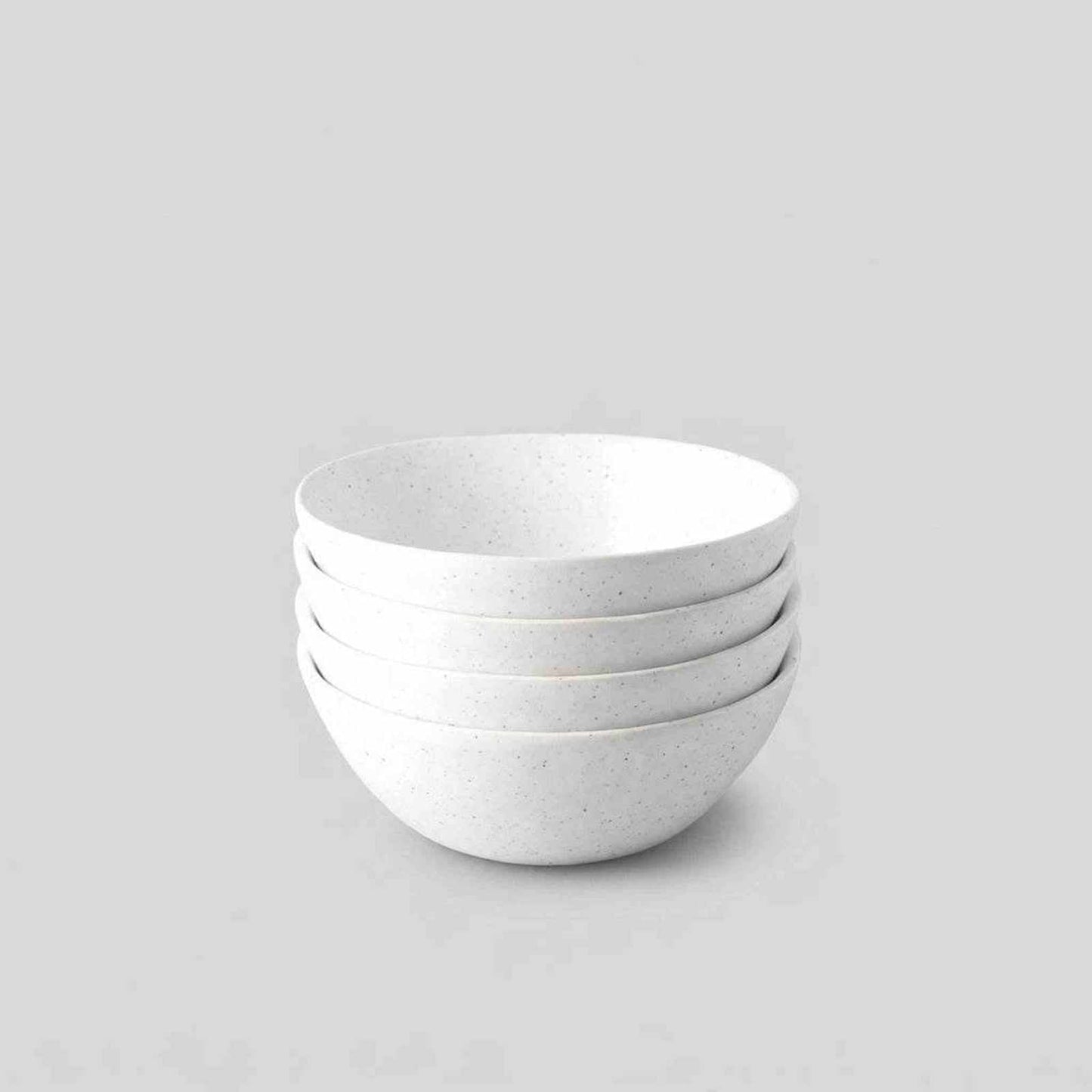 Set of 4 speckled white breakfast bowls, hand-finished organic stoneware from Portugal, stackable and durable.