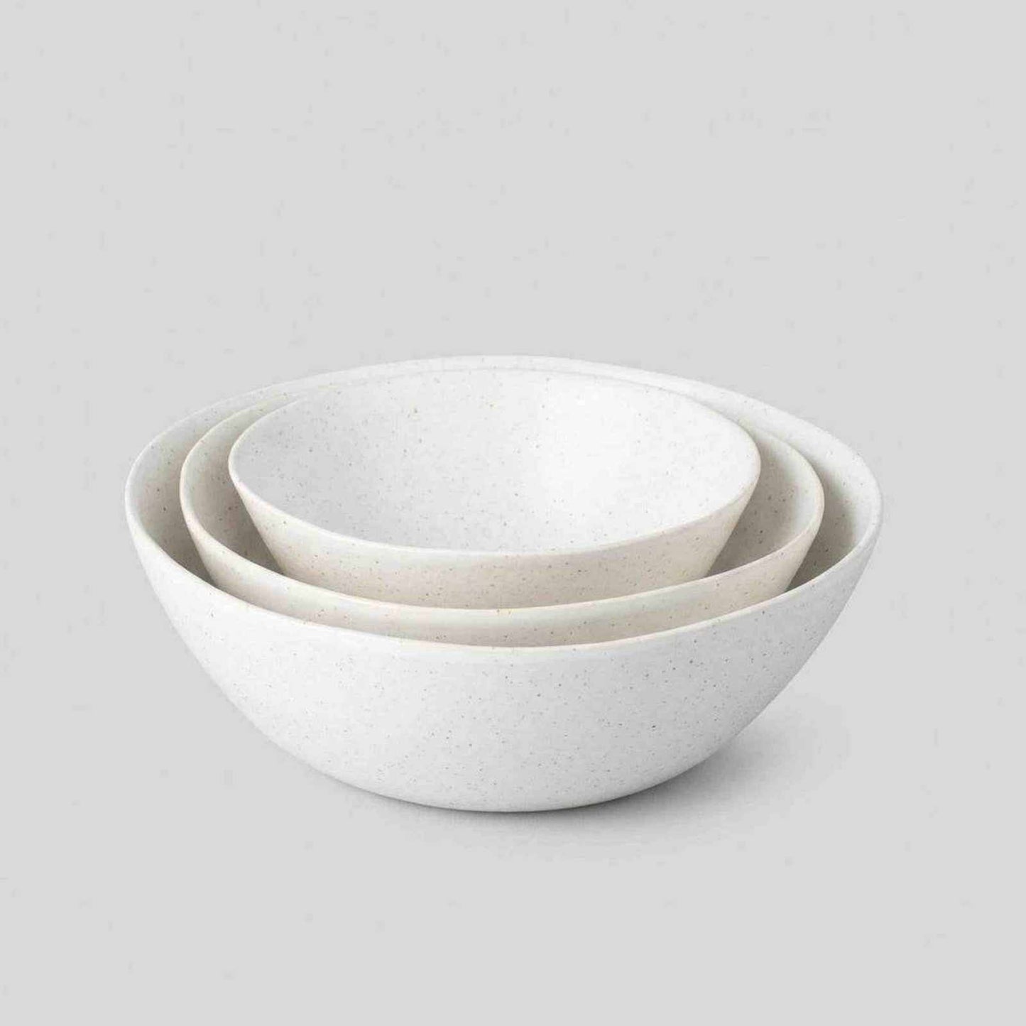 Nested serving bowls set of three hand-finished speckled white stoneware from Portugal