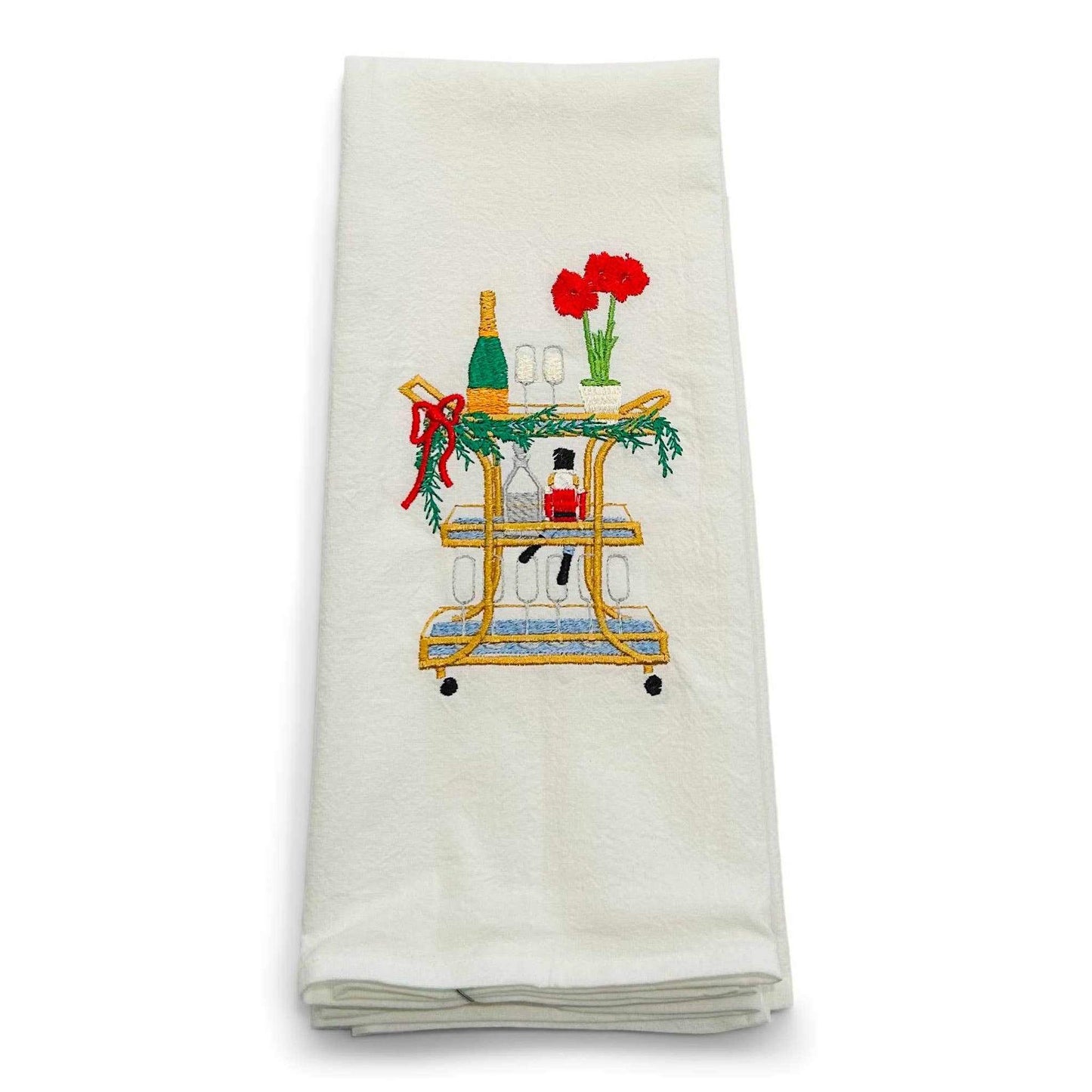 White cotton towel with embroidered Amaryllis Holiday Bar Cart design