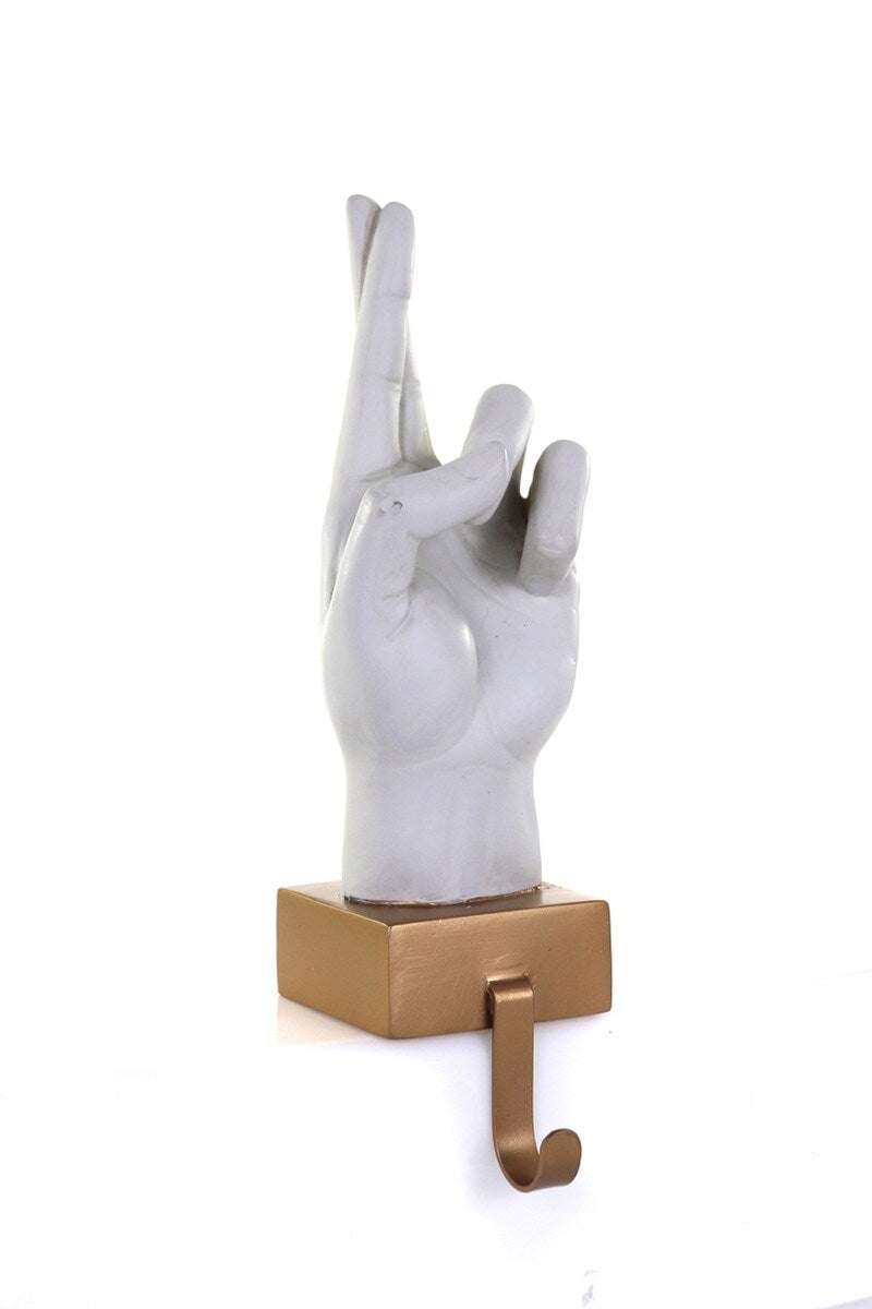 Fingers Crossed! Ceramic Hook shaped like a hand with crossed fingers for hanging holiday stockings