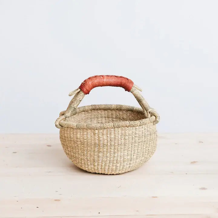 Mini Bolga Basket with tan leather handle - Curated Home Decor