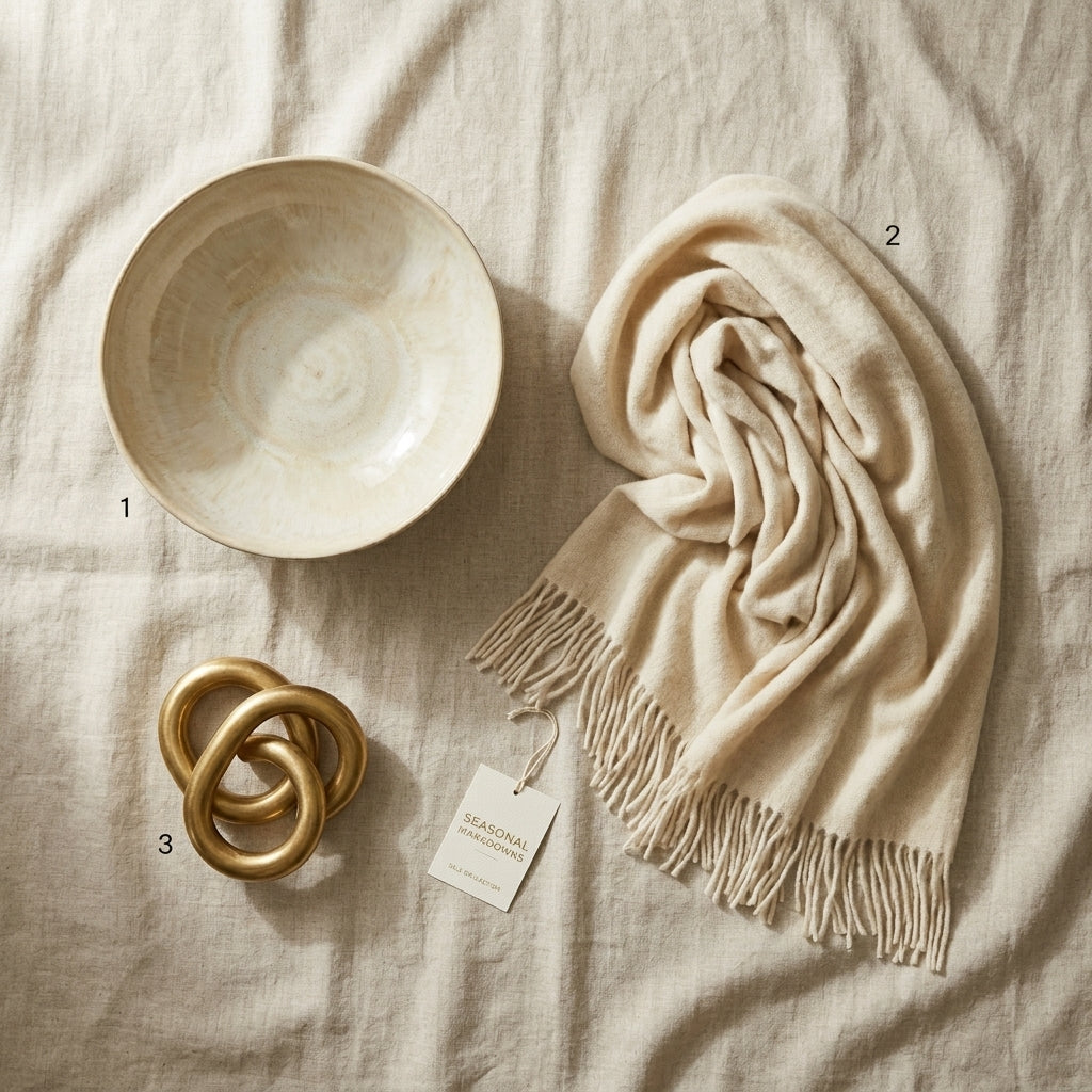 Seasonal Markdowns collection dropdown - elegant sale items on cream linen