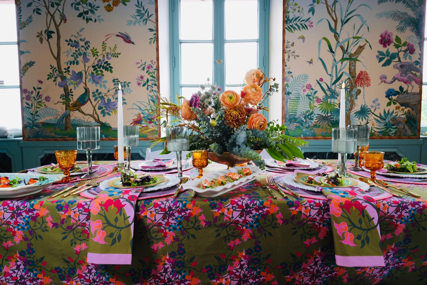 Villa Terrace tablescape - overhead view of floral arrangement and taper candles