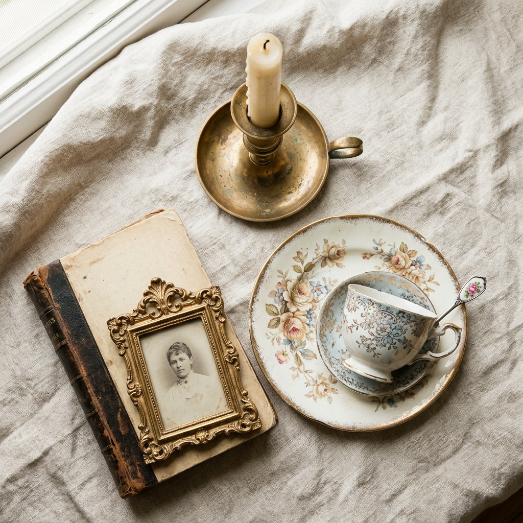 Vintage + Antique collection dropdown - curated antique brass, vintage books, decorative plates on linen