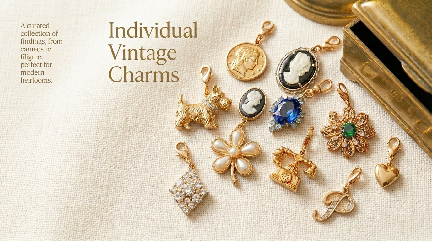 Individual Vintage Charms collection - curated cameos, filigree, and rhinestone charms on linen