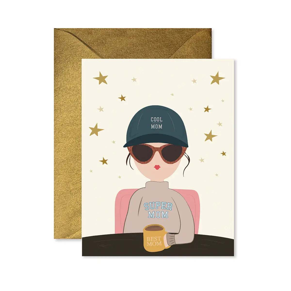 Greeting card with illustration of cool mom wearing sunglasses and hat, holding a best mom mug, with gold star accents and gold shimmer envelope.