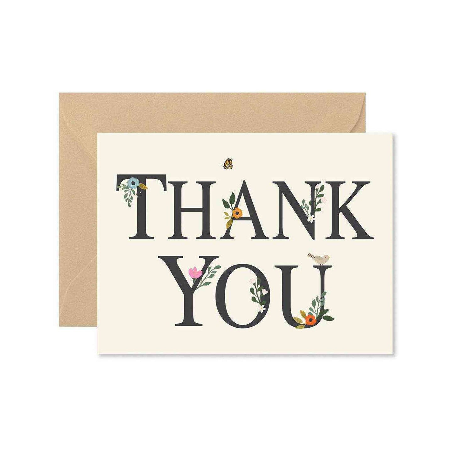 Floral Thank You Card with latte envelope and floral design on folded cream card.