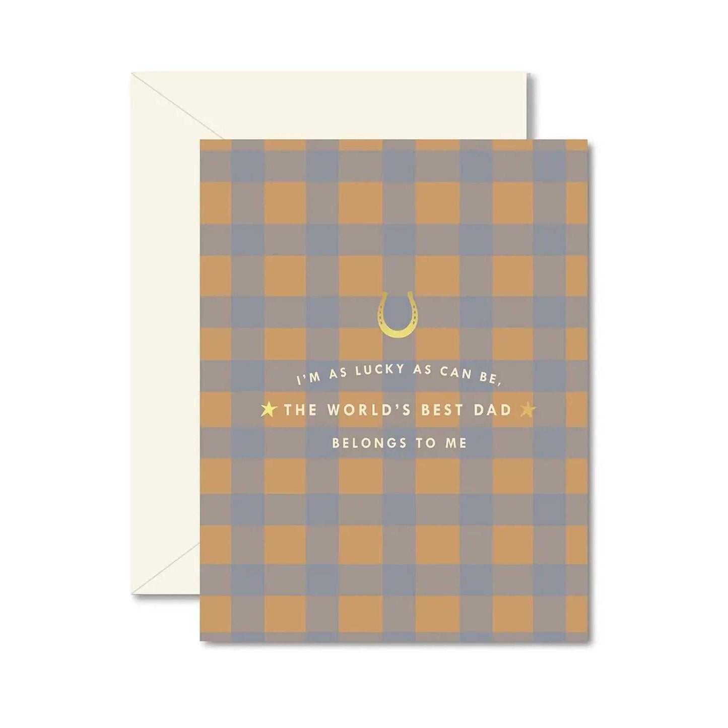 World's Best Dad folding greeting card with gold foil and plaid design, includes ivory envelope.