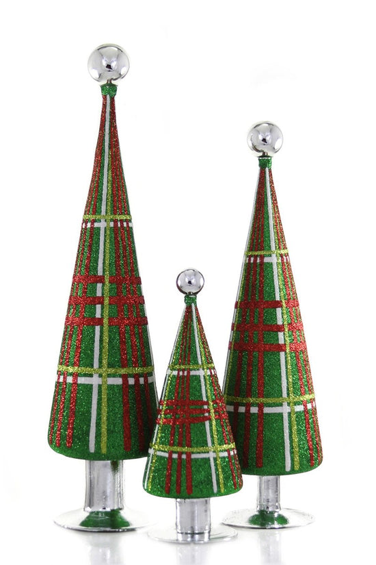 Set of 3 Glittered Green Plaid Trees - Curated Home Decor