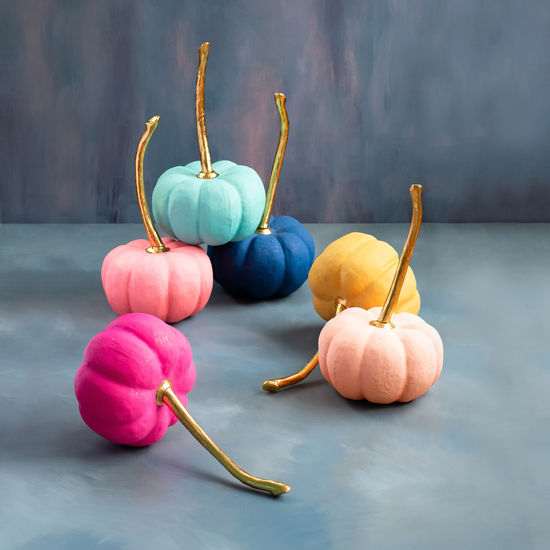 Glitterville Pumpkin 12-inch paper mache pumpkins in pastel colors with oversized gold stems for Halloween decor