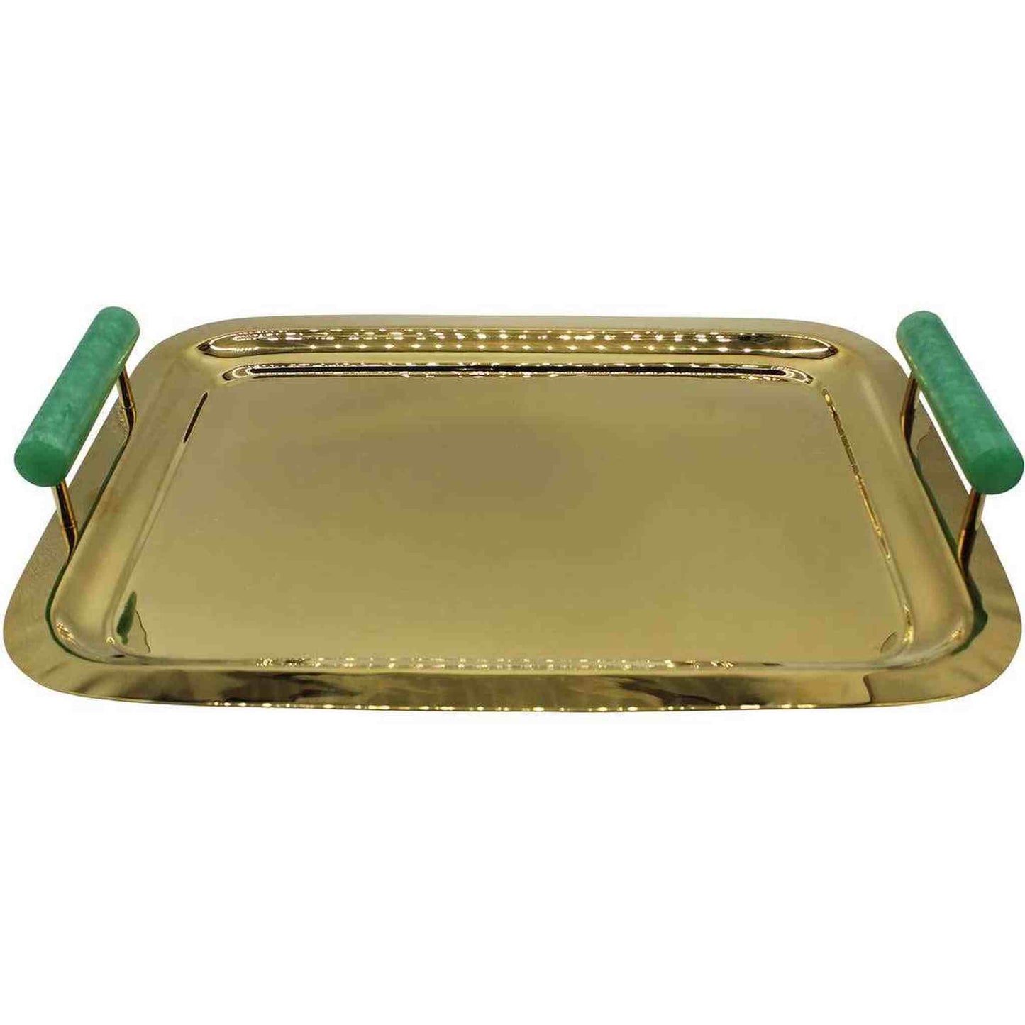 Gold tray with green resin handles stainless steel gold finish rectangular serving tray