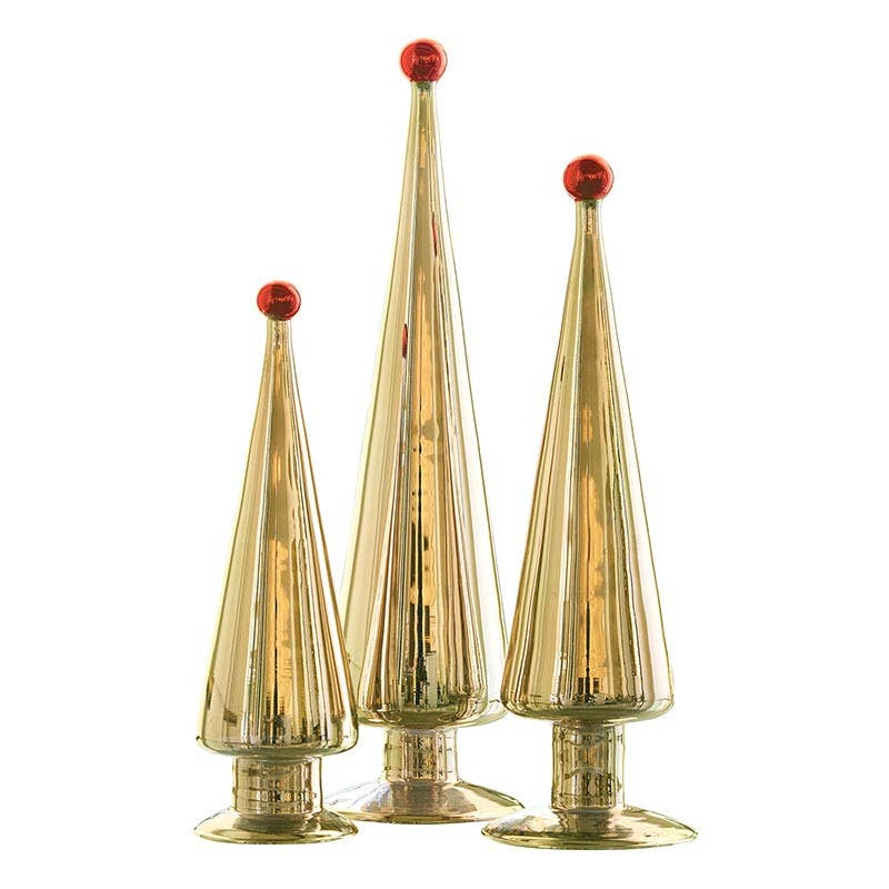 Gold Glass Christmas Trees with Red Finials, Set of 3