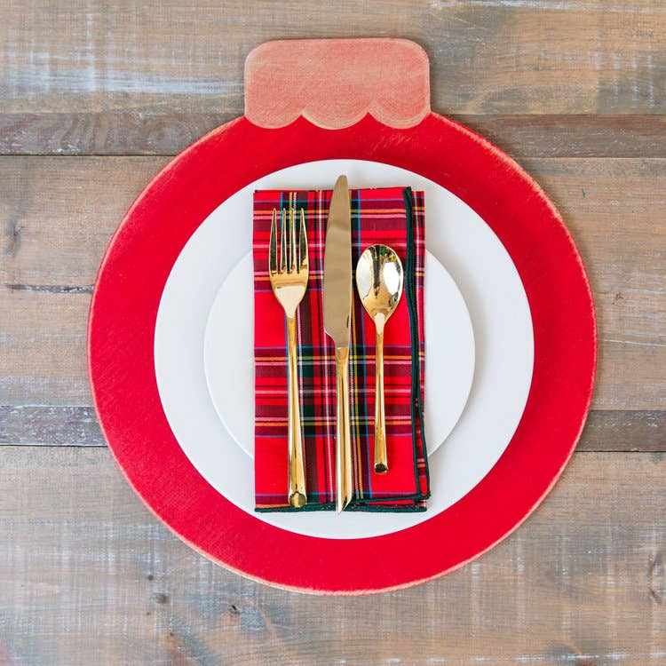 Set of 4 red and vintage gold wooden ornament charger plates for festive Christmas dining