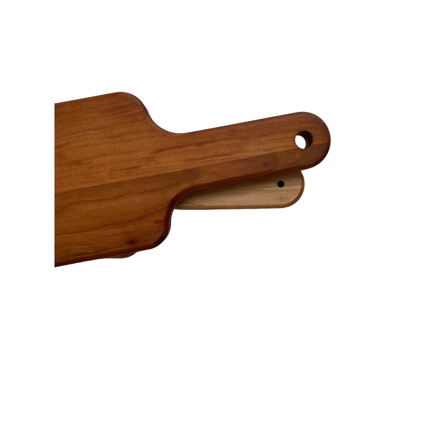 Long handle charcuterie board made of wood with food safe finish, perfect for parties and social distancing.