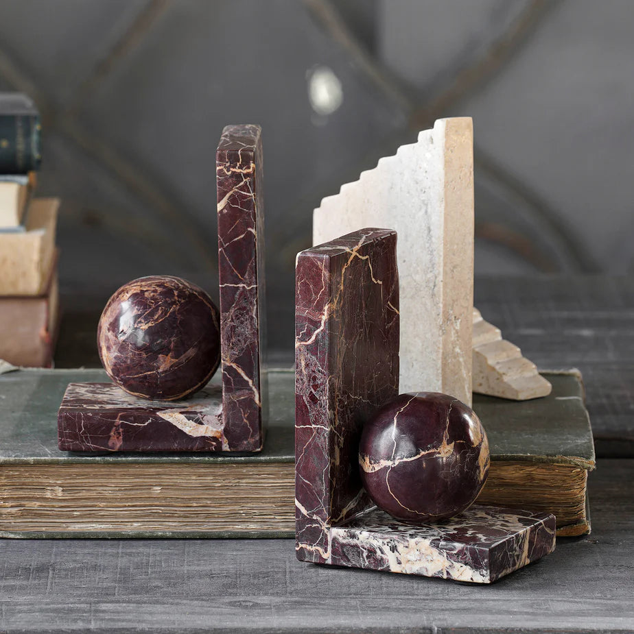 Rosso Levanto Sphere Bookend Pair – Red Marble with Bold Veining - Curated Home Decor