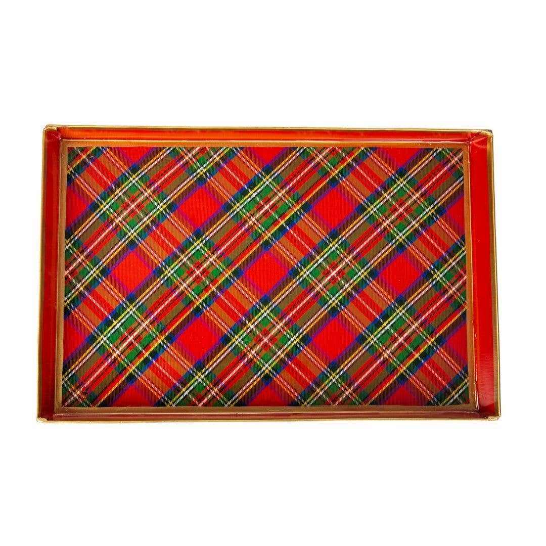 Royal Tartan enameled rectangular tray with multicolor plaid pattern and red border, 8x12 size