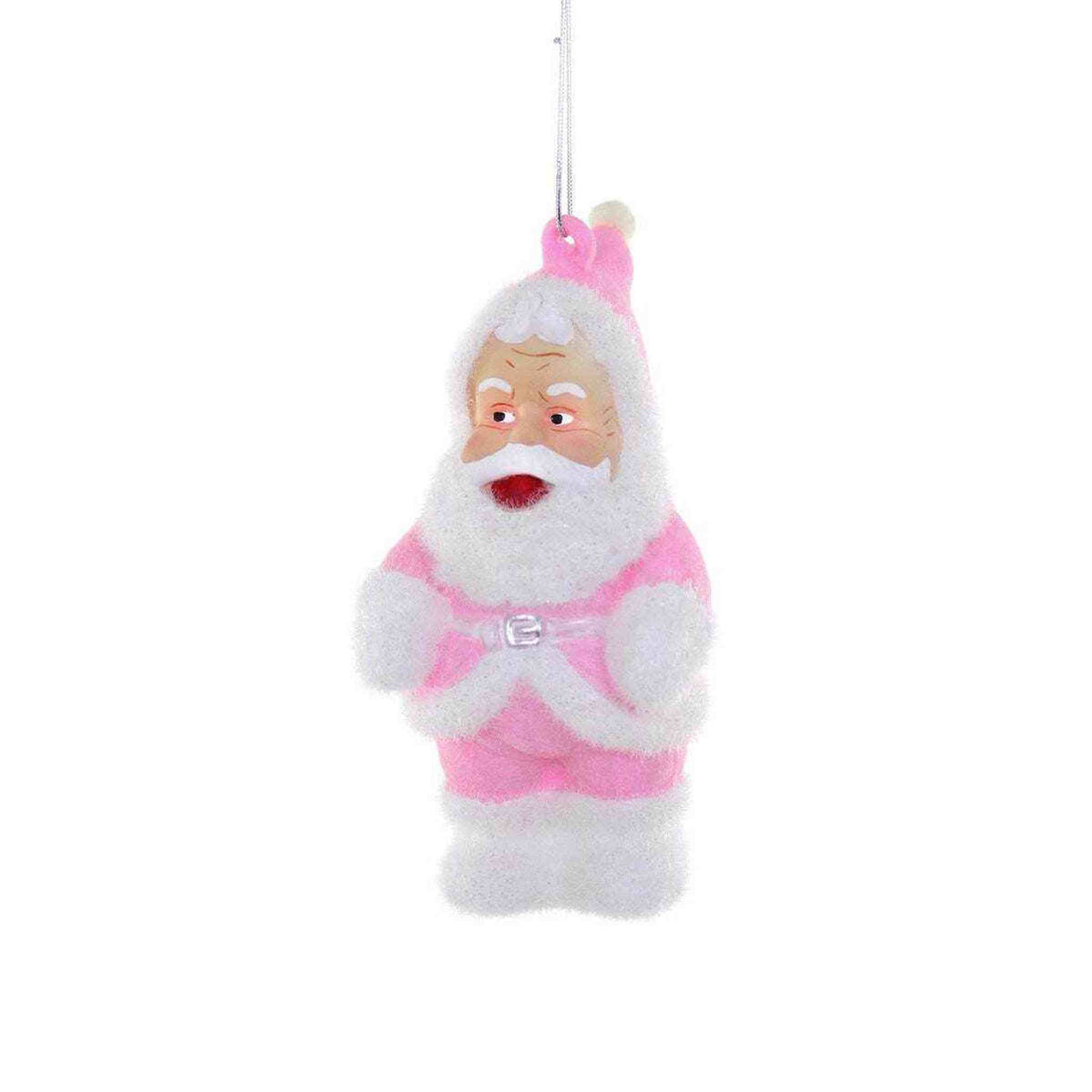 Jolly Pink Santa glass Christmas ornament in vibrant pink and white, 4.5 inches tall