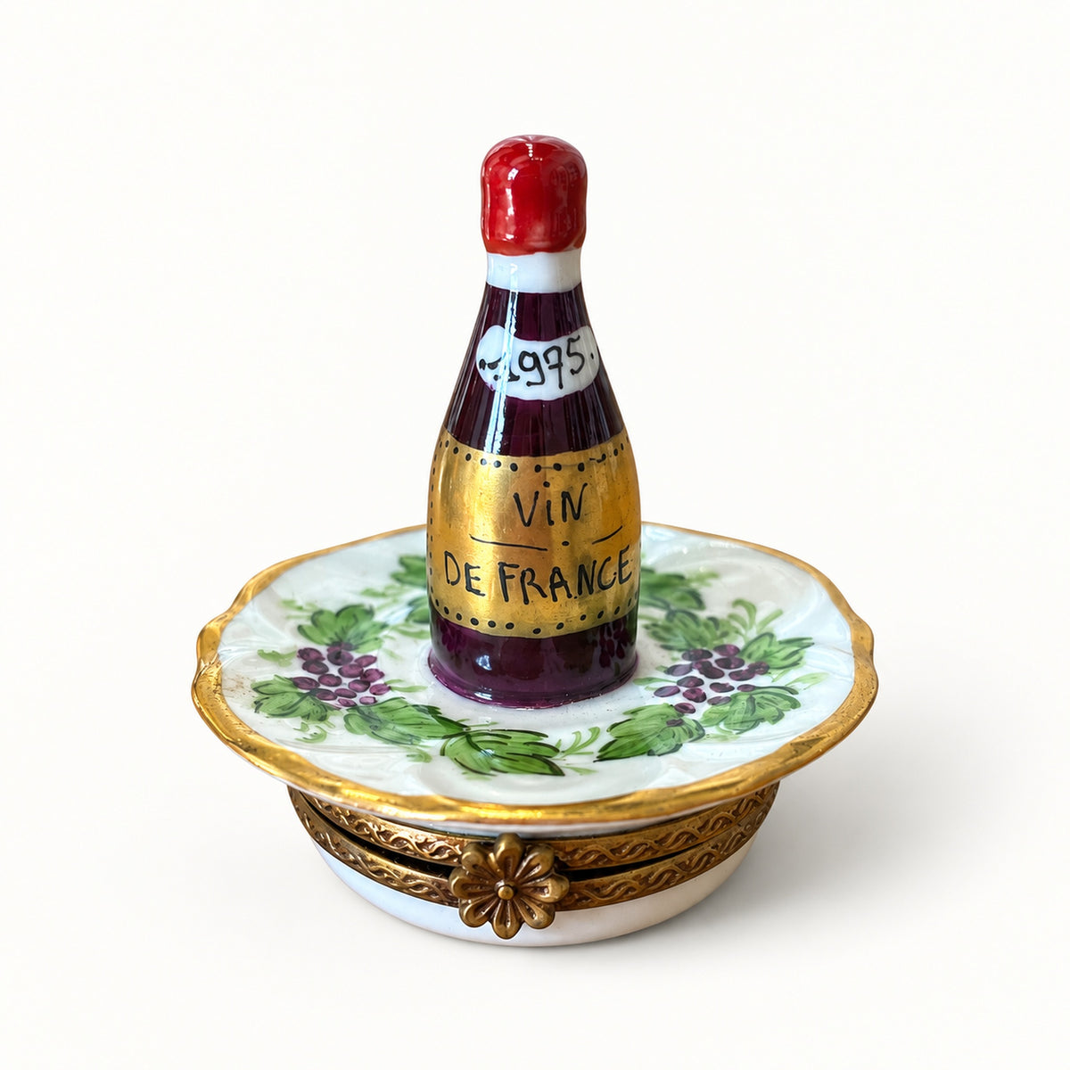 Hand-Painted Limoges Wine Bottle Trinket Box - Curated Home Decor