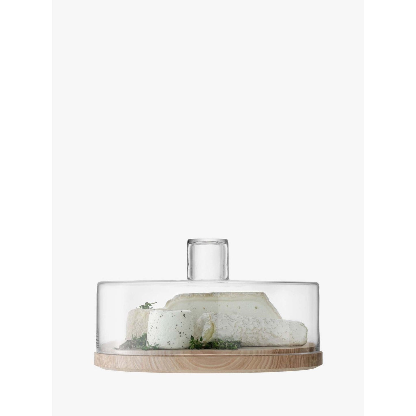 Round large mouth-blown glass dome with flat lid on FSC-certified ash wood base