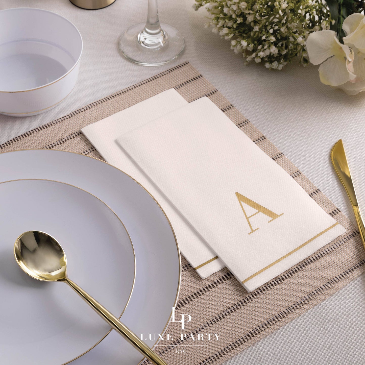 A Gold Monogram Paper Disposable Dinner Napkins | Pack of 14 Napkins - Curated Home Decor