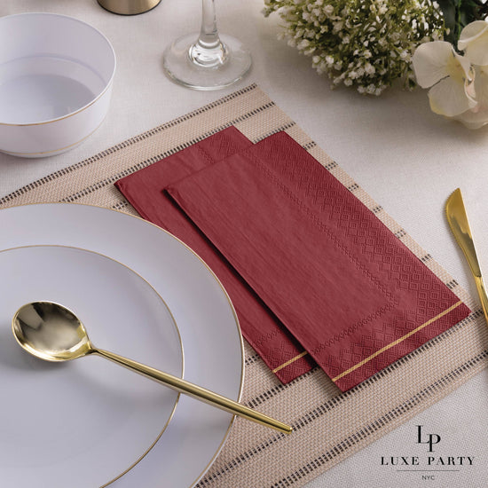 Cranberry with Gold Stripe Guest Paper Napkins | 16 Napkins: 16 Dinner Napkins - 4.25" x 7.75" - Curated Home Decor