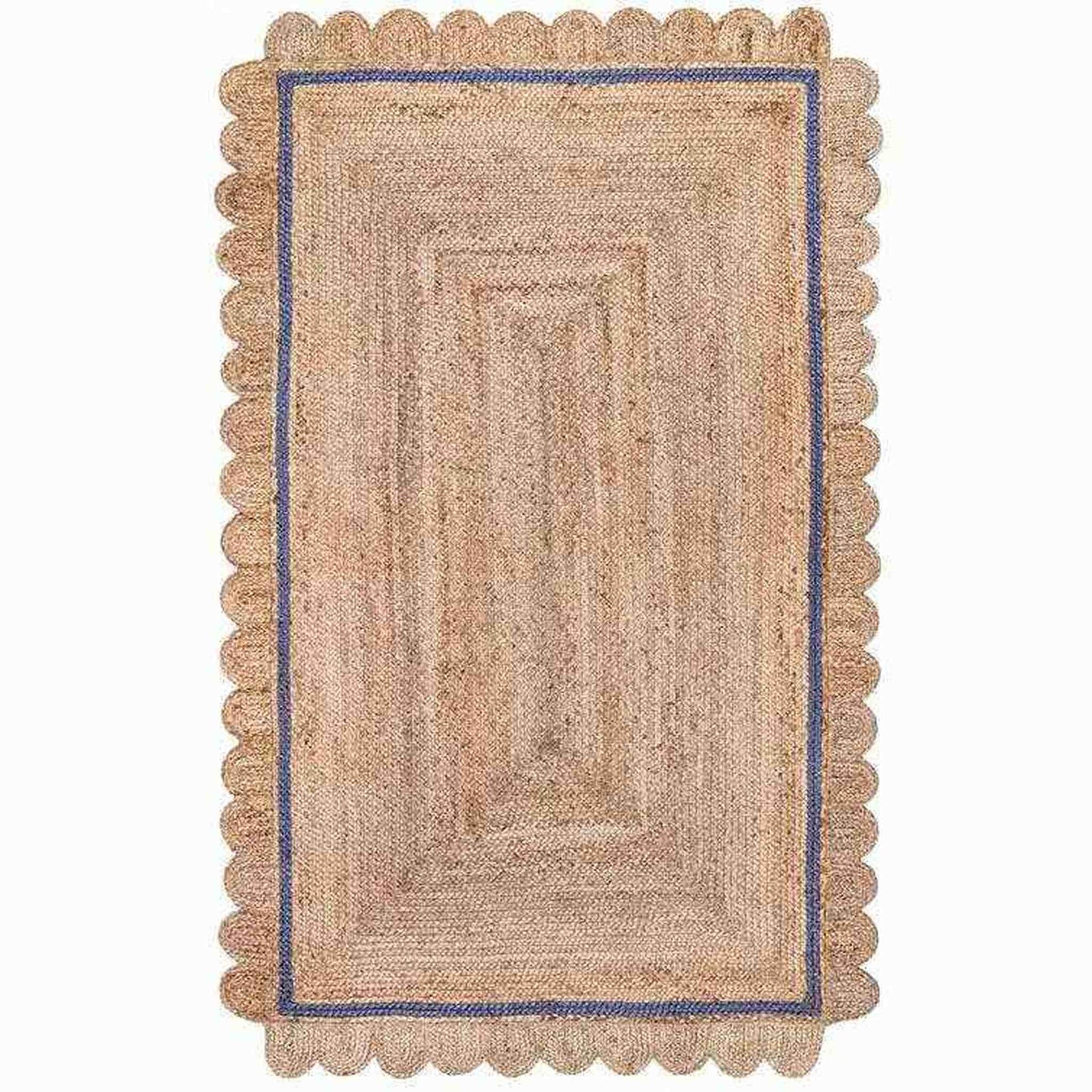 Handmade mini scallop jute rug in natural hemp with blue border and scalloped edges