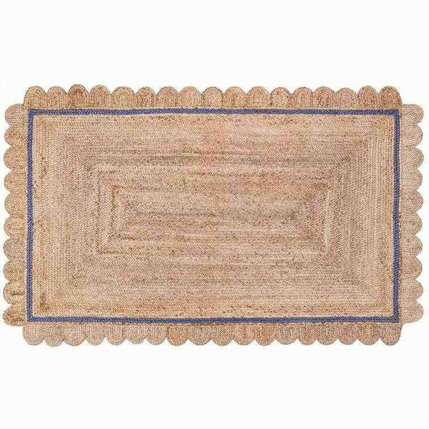Handmade Mini Scallop Jute Rug in blue with scalloped edges, natural hemp braided construction, and durable reversible design