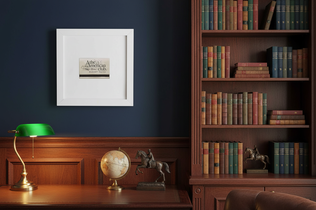 American Club Matchstricker Print framed with white flat profile and clear acrylic, 14x14 inches