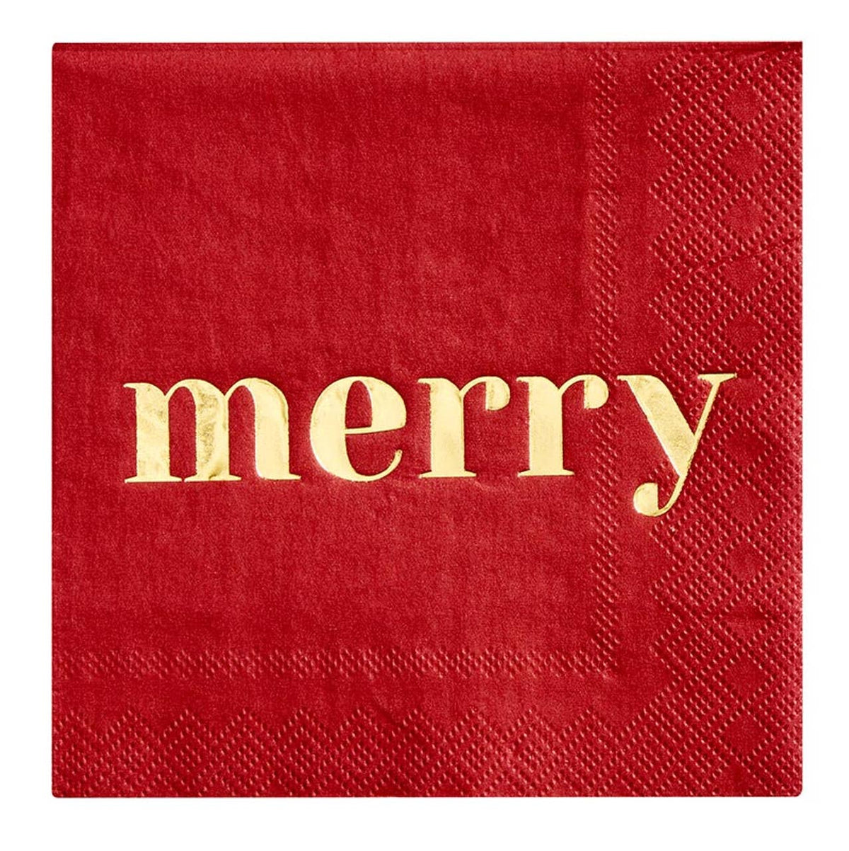 Red paper cocktail napkins with gold foil merry lettering