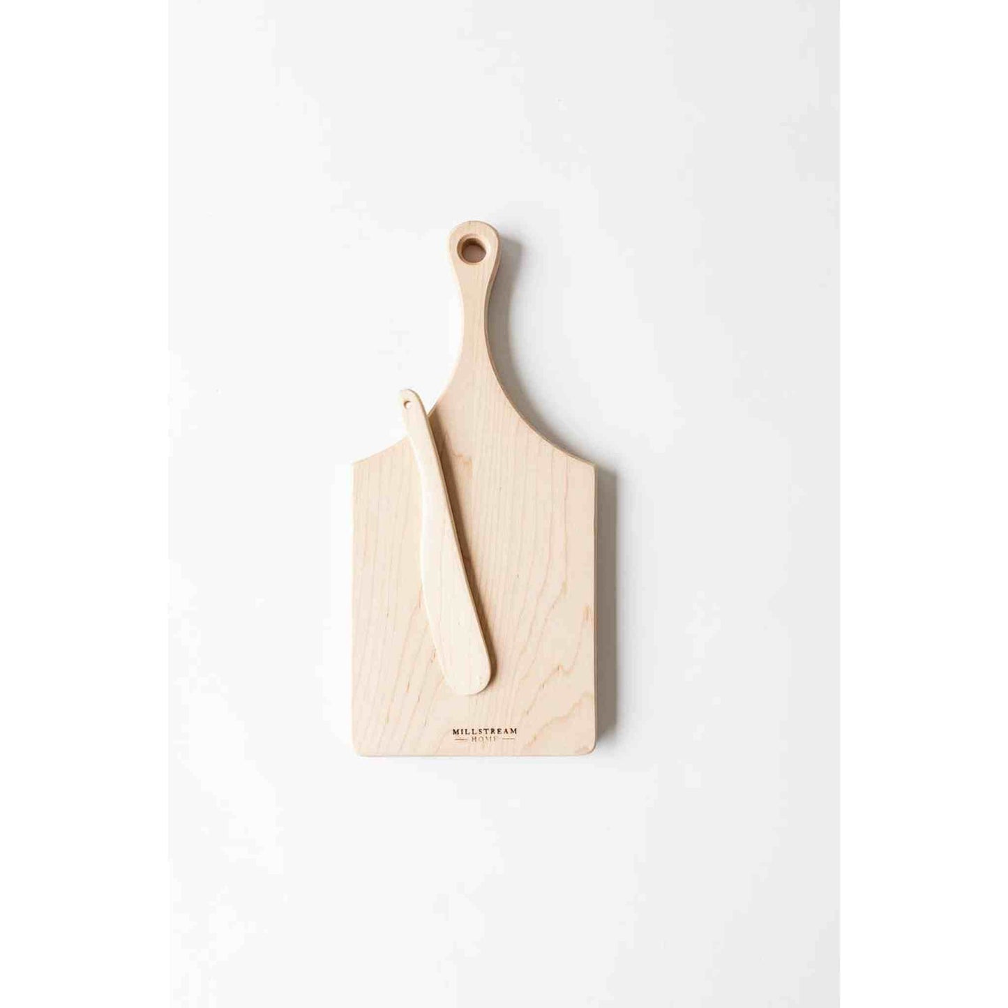 Handmade maple cheese board with matching wooden spreader, food-grade finish, American made.