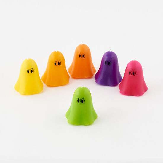 Six colorful Halloween ghost candles in yellow, light orange, dark orange, purple, pink, and green with cute eyes