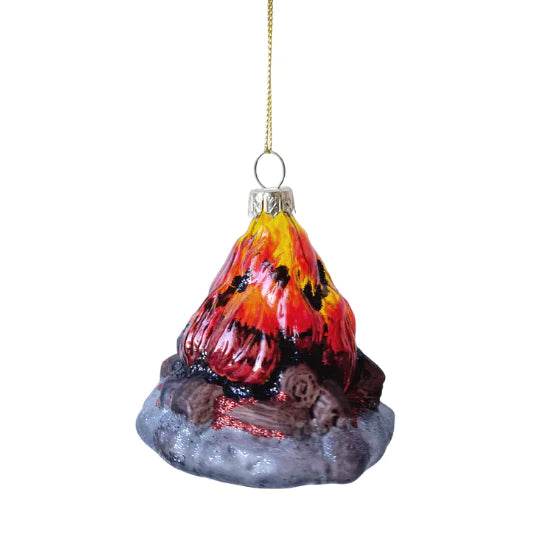 Decorative campfire ornament with painted flames and logs hanging by gold string